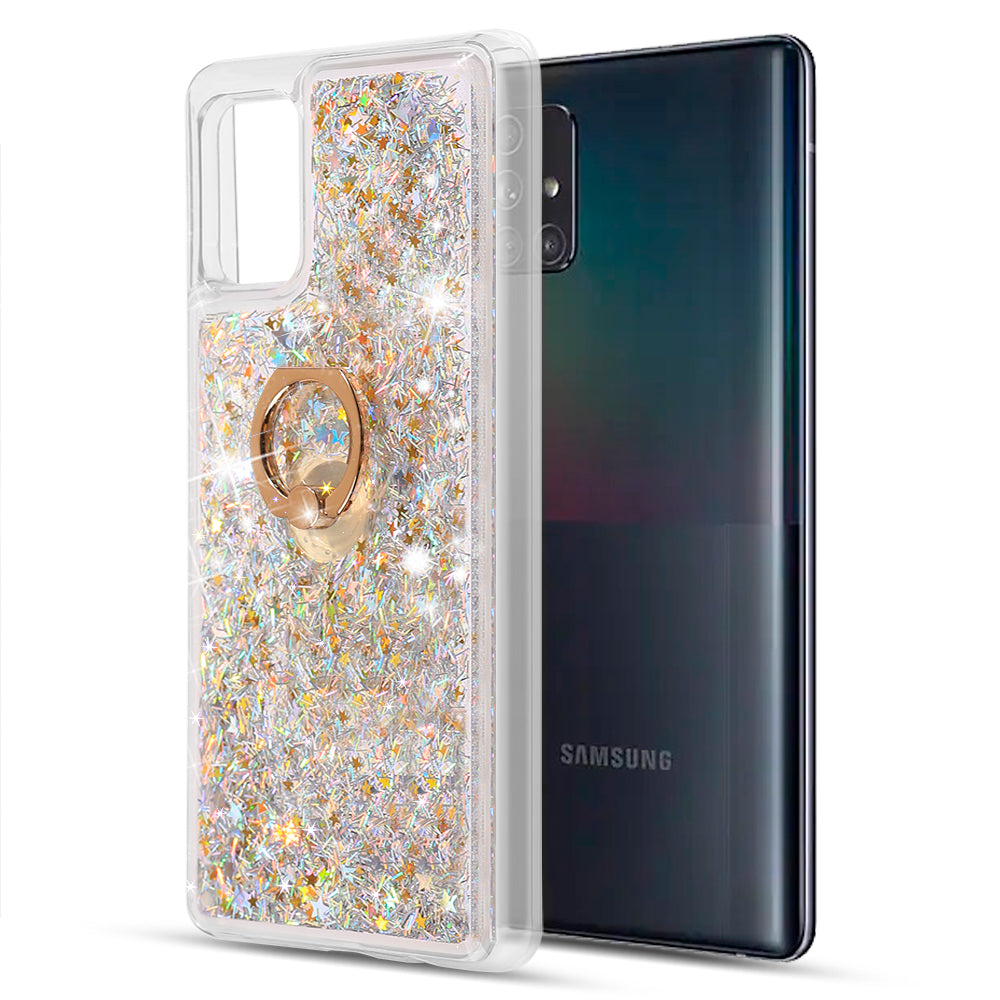 Samsung Galaxy A72 Case Slim Liquid Sparkle Flowing Glitter TPU with Ring Holder Kickstand - Silver
