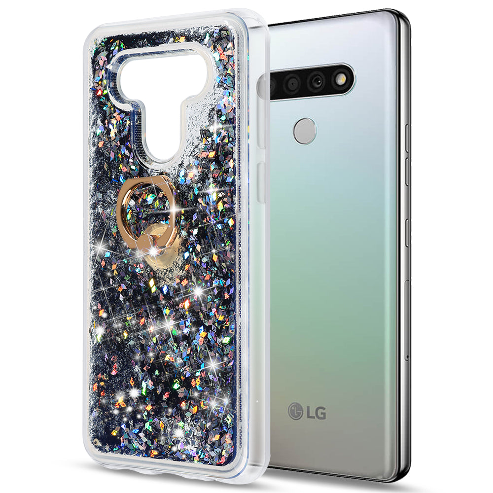 LG Stylo 6 Case Slim Liquid Sparkle Flowing Glitter TPU with Ring Holder Kickstand - Black