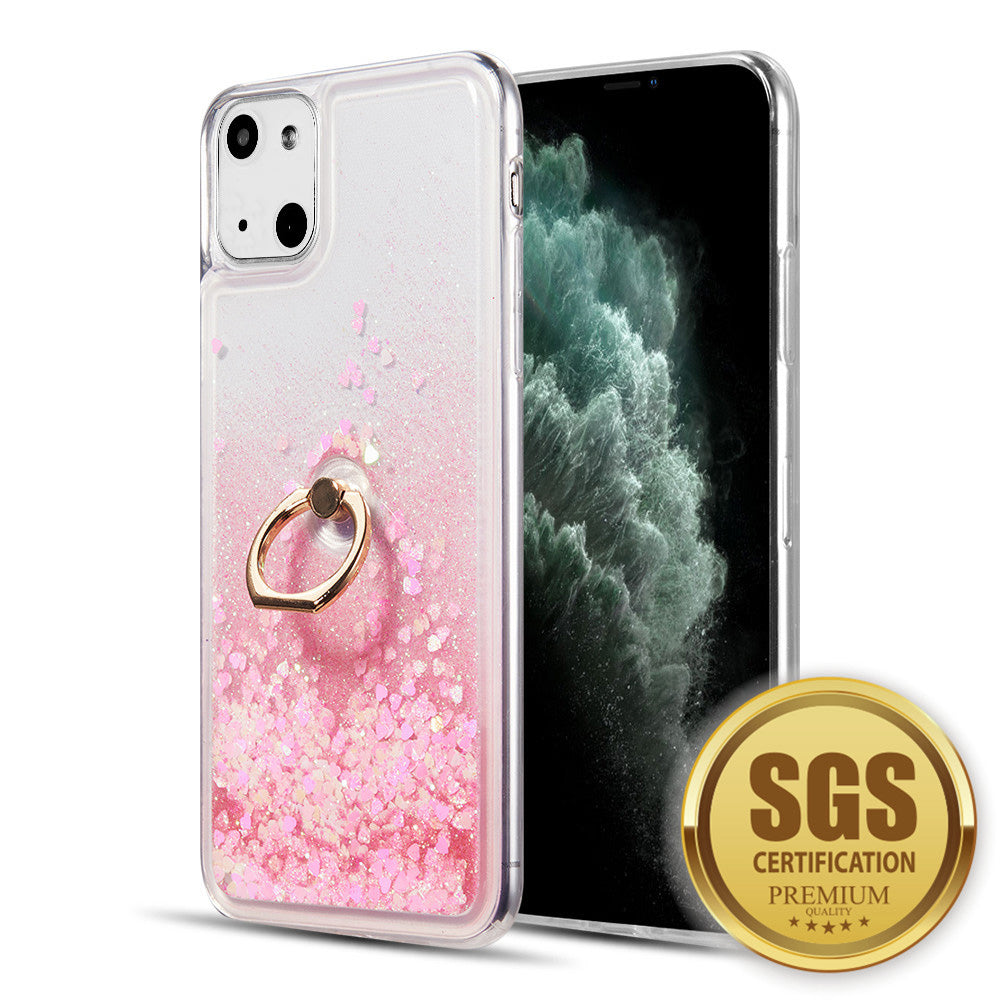 Apple iPhone 13 Case Slim Liquid Sparkle Flowing Glitter TPU with Ring Holder Kickstand - Pink / Green