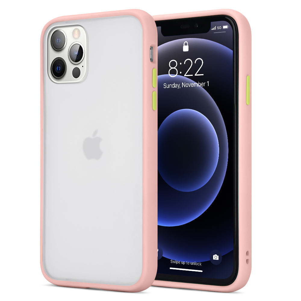 Apple iPhone 12, iPhone 12 Pro Case Slim Frosted with Camera Lens Protector - Pink + Yellow Buttons