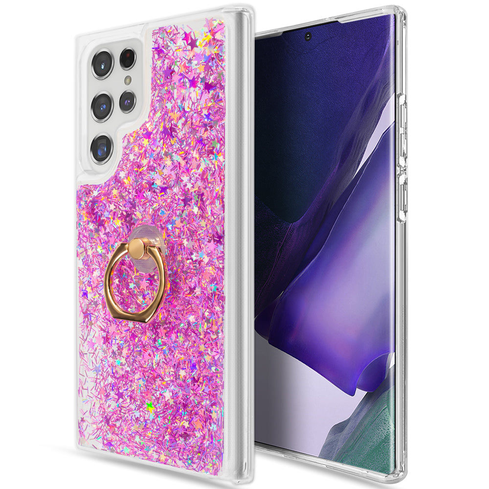 Samsung Galaxy S22 Ultra Case Slim Liquid Sparkle Flowing Glitter TPU with Ring Holder Kickstand - Pink / Purple