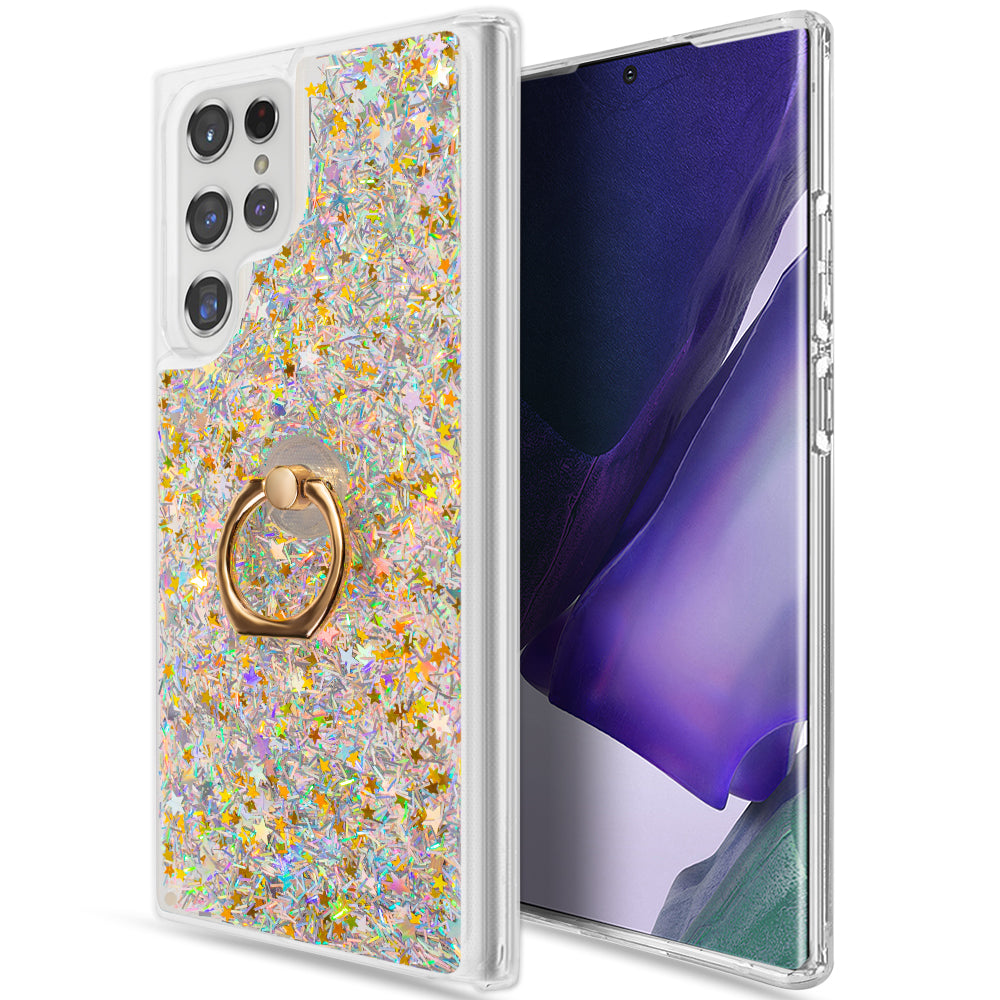 Samsung Galaxy S23 Ultra Case Slim Liquid Sparkle Flowing Glitter TPU with Ring Holder Kickstand - Silver