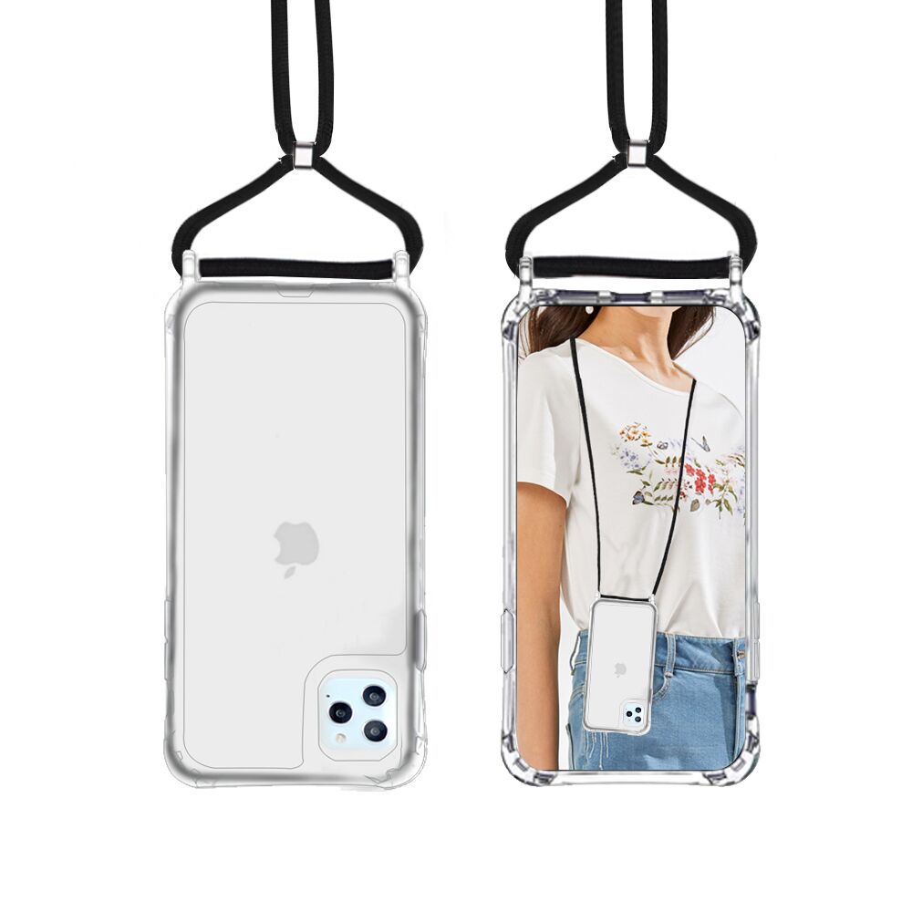 Apple iPhone 12, iPhone 12 Pro Case Slim Transparent with Removable Black Lanyard Crossbody & Shockproof Corners - Clear