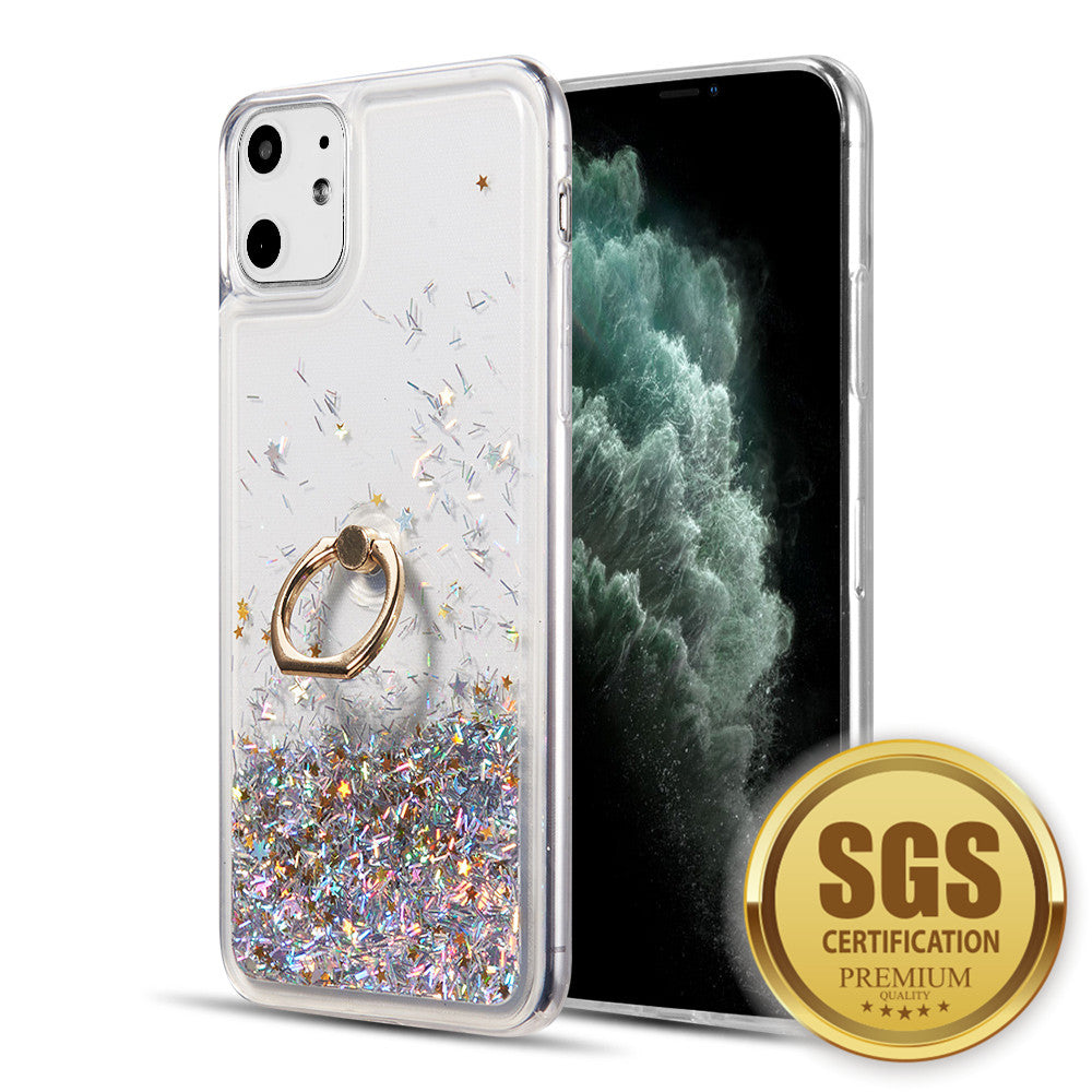 Apple iPhone 12 Mini Case Slim Liquid Sparkle Flowing Glitter TPU with Ring Holder Kickstand - Silver