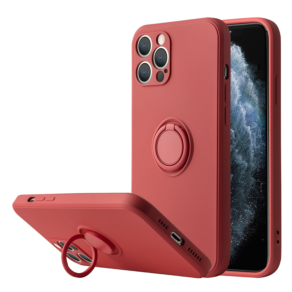 Apple iPhone 12 Pro Case Slim Silicone with Microfiber Lining & 360 Ring Holder Kickstand - Rasberry Red