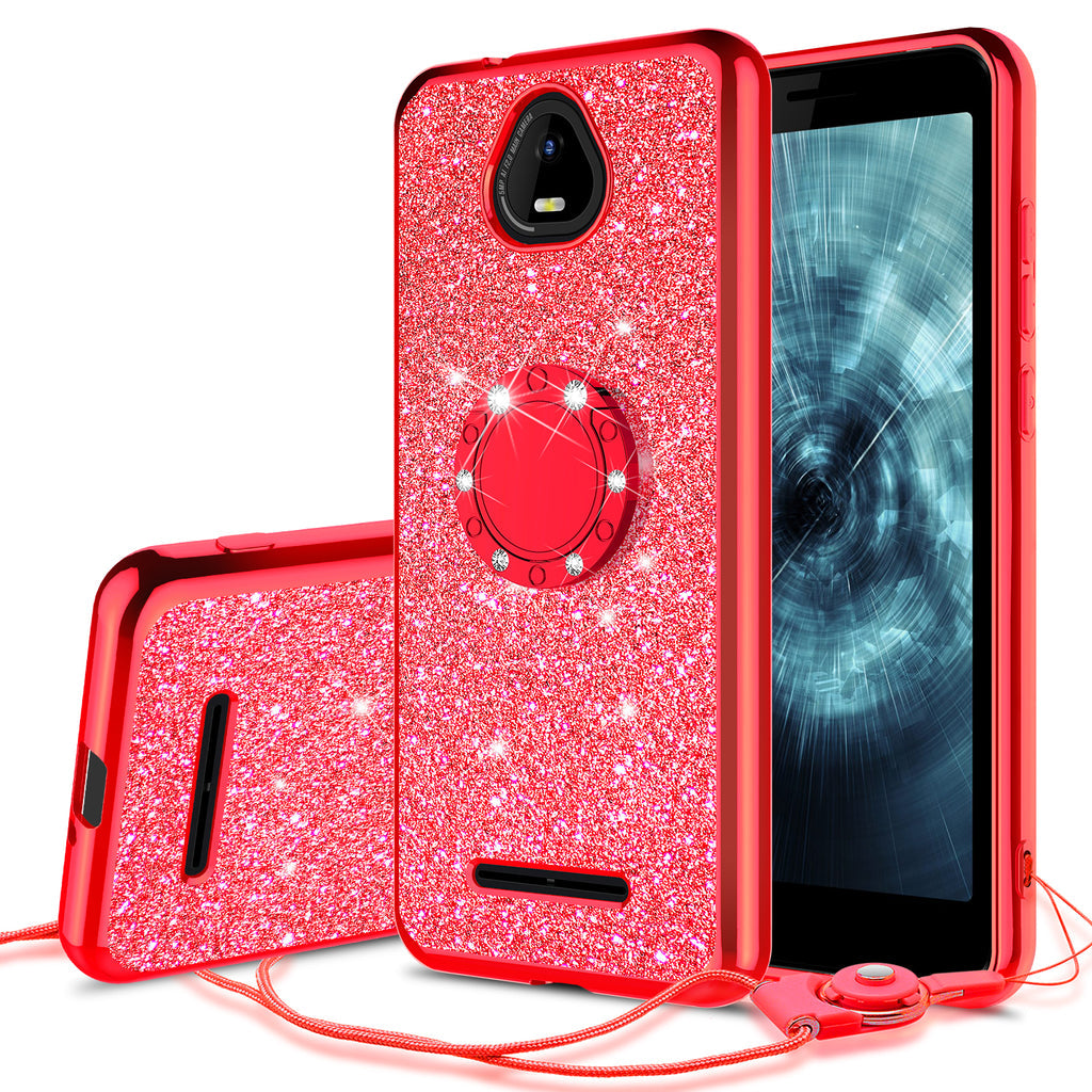 Case for Boost Schok Volt SV55 Case Glitter Cute Phone Case Girls with Kickstand Bling Diamond Rhinestone Bumper Ring Stand Sparkly Luxury Clear Thin Soft Protective Boost Schok Volt SV55 Girl Women - Red